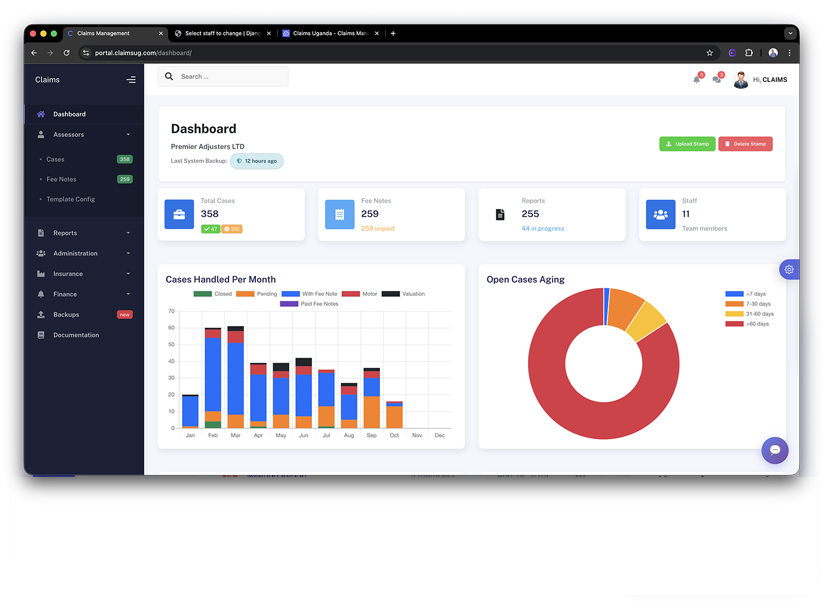 Claims management dashboard showing case tracking and analytics